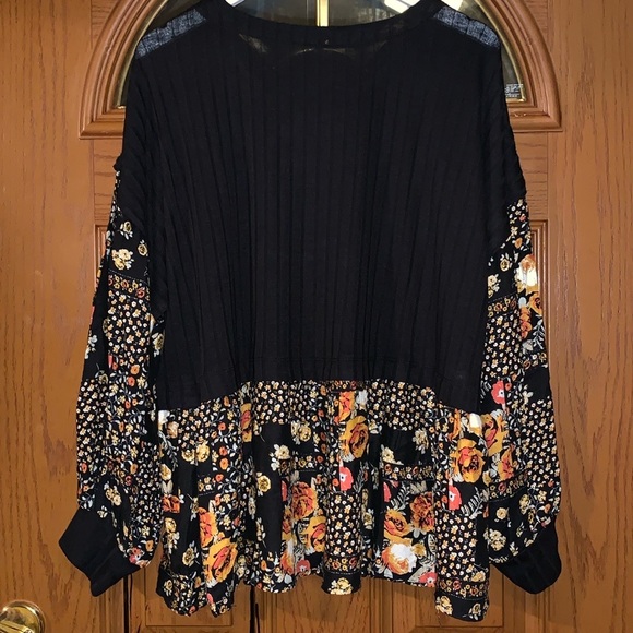Maurices Black Ribbed Knit & Floral Patchwork Layered Scoop Neck Blouse - Picture 12 of 16